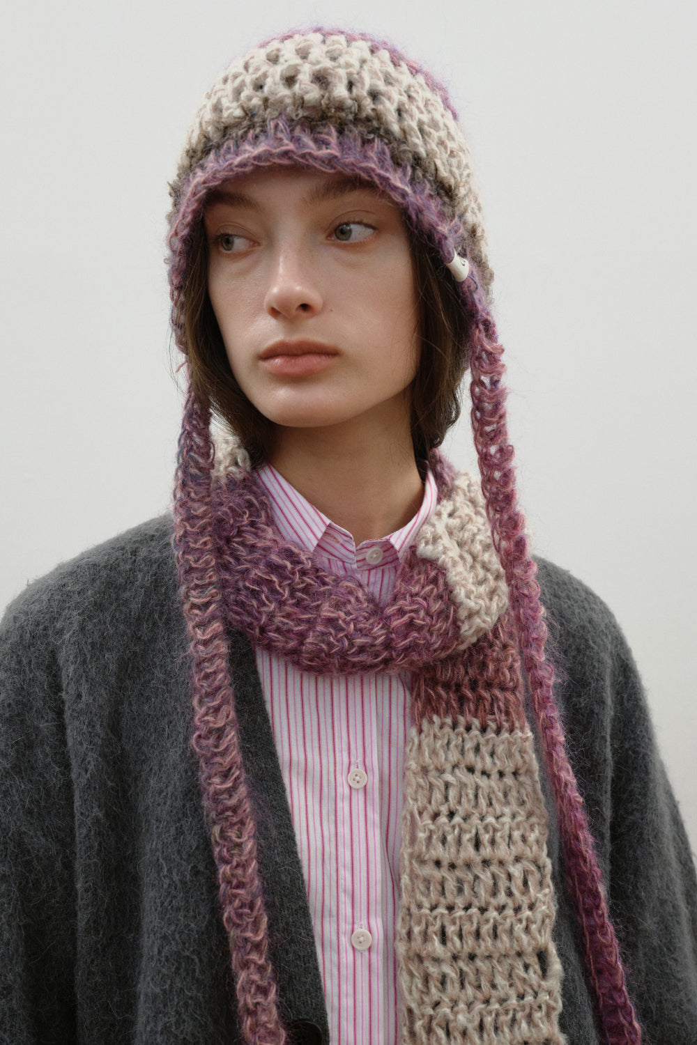 Mohair Crochet Beanie_Plum, Baby pink